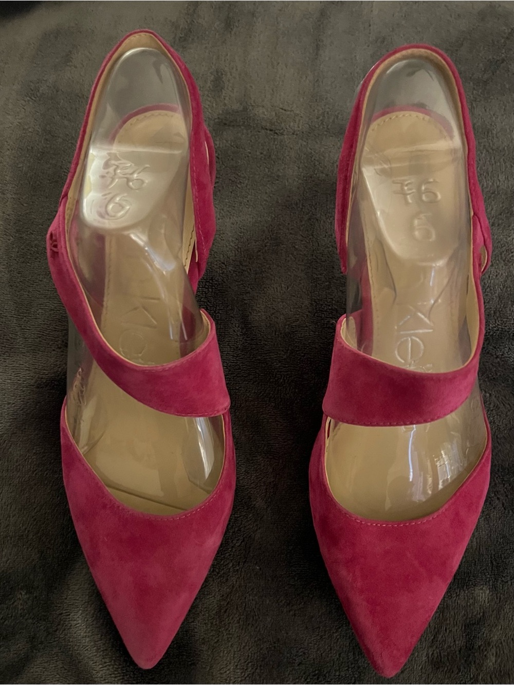 Women’s Calvin Klein Magenta Suede Pointed-Toe Cross Over Strap Heels Size 8 M.